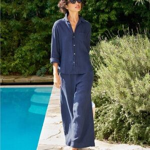 Frank & Eileen Tuscany 100% Linen Getaway Set Navy Relaxed Women’s Sz M Wide Leg